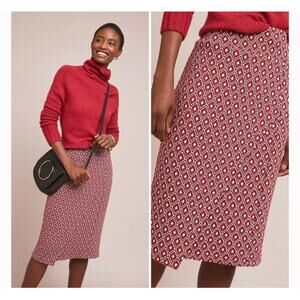 Anthropologie x Maeve Wiles Pencil Skirt Red Black Faux Wrap Midi Size Small